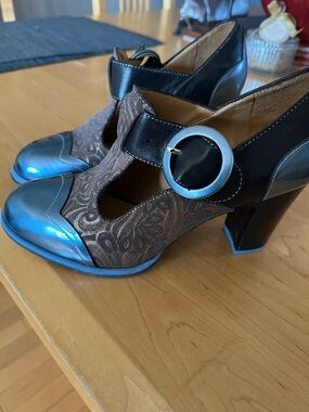 John Fluevog Blue Metallic and Brown Pattern Mary Jane Heels